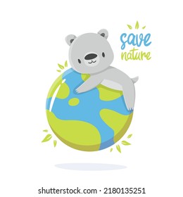 Cartoon illustration of an koala with earth in support of ecology. save the planet for design, books, print, design, poster, greeting card, postcard