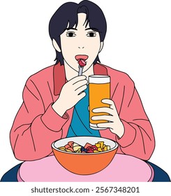 cartoon illustration of a Korean model eating fruit. a handsome man who was eating something and wearing a jacket
