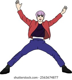 cartoon illustration of a kpop idol dancing spectacularly on stage. an idol with cool clothes. someone who is dancing