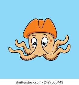 Cartoon illustration of kraken with pirate hat