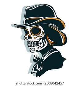 Cartoon illustration of la Calavera Catrina in a hat isolated on white background. Sticker with hand drawn female skeleton with decorated skull for Mexican Day of the Dead (Dia de los Muertos)