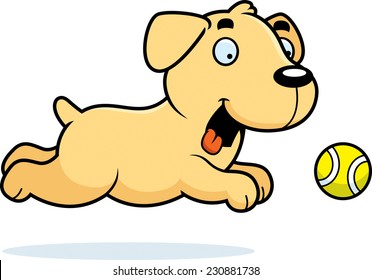 A cartoon illustration of a Labrador Retriever chasing a ball.