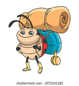 cartoon illustration ladybug carrying a camping bag