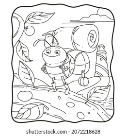 cartoon illustration ladybug holding a bag with a mat on it coloring book or page for kids black and white
