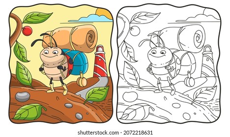 cartoon illustration ladybug holding a bag with a mat on it coloring book or page for kids