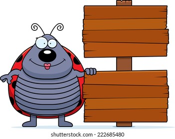 A cartoon illustration of a ladybug with a wood sign.