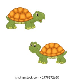 Cartoon illustration of land turtles. A reptile, slowly moving on short limbs, covered with a bony shell. 