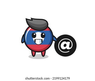 Cartoon Illustration of laos flag badge standing beside the At symbol , cute design