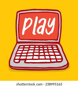 Cartoon illustration of a laptop or notebook computer with word play on screen