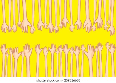 Cartoon illustration of large group of hands reaching out and helping people connecting