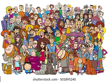 Cartoon Illustration of Large People Group in the Crowd