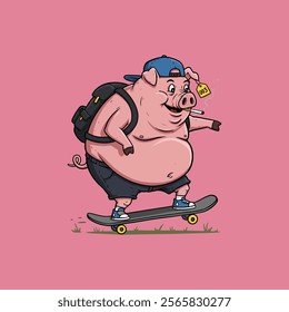 A cartoon illustration of a large pig wearing a cap and backpack, skateboarding while smoking a cigarette.