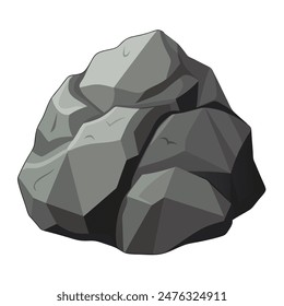 Cartoon illustration of large rock with design keywords on white background