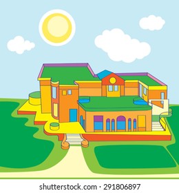 Cartoon illustration of a large view over a funny building under the sunny sky