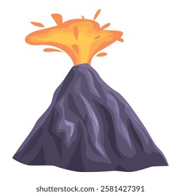 Cartoon illustration of a large volcano erupting, with molten lava exploding from the top