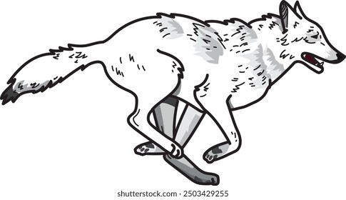 
Cartoon illustration of a large white arctic wolf running with big paws and a bushy tail with its muzzle open showing its white fangs