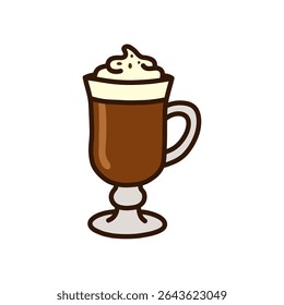 A cartoon illustration of a latte with whipped cream, served in a decorative glass mug with a handle, on a white background.