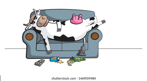 Cartoon illustration of a lazy cow character chilling on the couch with a remote control, drinks can and chips packet on the floor.