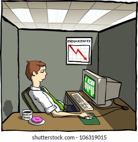 Cartoon Illustration Of A Lazy Office Worker Playing Computer Solitaire In His Crowded Cubicle. He Has Coffee And A Donut On His Desk, And A Chart On The Wall Shows Productivity Going Down.