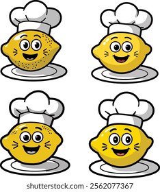 A cartoon illustration of a lemon with a face, wearing a chef's hat and standing on a plate Logo, Illustration design, tropical print, vector illustration, the lemon is smiling