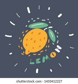 Cartoon illustration of lemon fruit with leaf isolated on white background. Object and name on white.