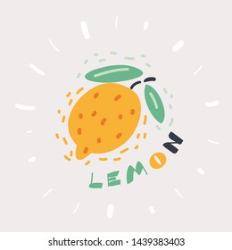 Cartoon illustration of lemon fruit with leaf isolated on white background. Object and name on white.