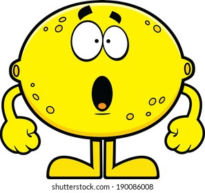 Cartoon illustration of a lemon with a surprised expression. 