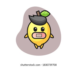 Cartoon illustration of lemon with tape on mouth