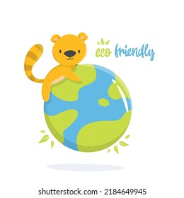 Cartoon illustration of an lemur with earth in support of ecology. save the planet for design, books, print, design, poster, greeting card, postcard