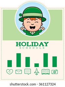 A cartoon illustration of a leprechaun boy in a St. Patrick's Day themed graphic.