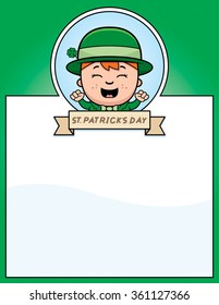 A cartoon illustration of a leprechaun boy in a St. Patrick's Day themed graphic.