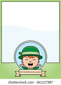 A cartoon illustration of a leprechaun boy in a St. Patrick's Day themed graphic.
