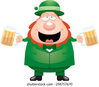 A cartoon illustration of a leprechaun drinking beer.