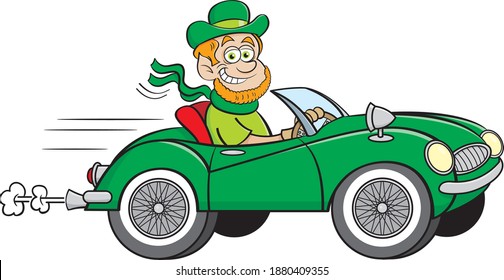 Cartoon illustration of a leprechaun driving a convertible sports car.