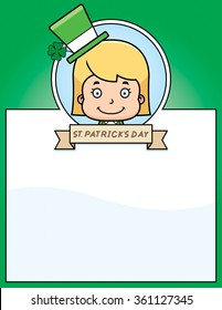 A cartoon illustration of a leprechaun girl in a St. Patrick's Day themed graphic.