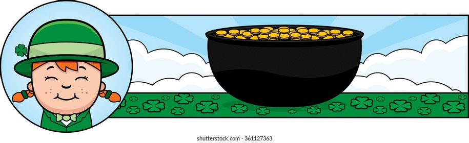 A cartoon illustration of a leprechaun girl in a St. Patrick's Day themed graphic.
