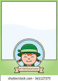 A cartoon illustration of a leprechaun girl in a St. Patrick's Day themed graphic.