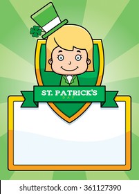 A cartoon illustration of a leprechaun girl in a St. Patrick's Day themed graphic.