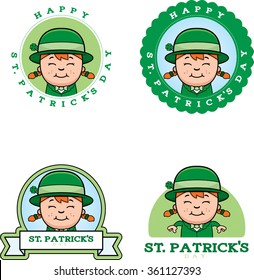 A cartoon illustration of a leprechaun girl in a St. Patrick's Day themed graphic.