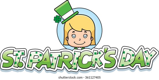 A cartoon illustration of a leprechaun girl in a St. Patrick's Day themed graphic.