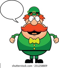 Cartoon illustration of a leprechaun with a happy expression. 