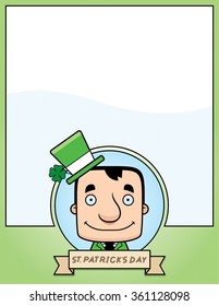 A cartoon illustration of a leprechaun in a St. Patrick's Day themed graphic.