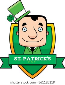 A cartoon illustration of a leprechaun in a St. Patrick's Day themed graphic.