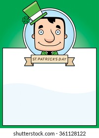 A cartoon illustration of a leprechaun in a St. Patrick's Day themed graphic.