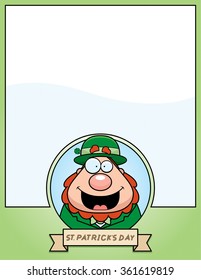 A cartoon illustration of a leprechaun in a St. Patrick's Day themed graphic.