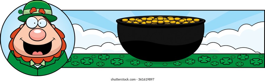 A cartoon illustration of a leprechaun in a St. Patrick's Day themed graphic.