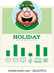 A cartoon illustration of a leprechaun in a St. Patrick's Day themed graphic.