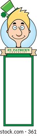 A cartoon illustration of a leprechaun in a St. Patrick's Day themed graphic.