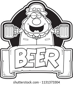 A cartoon illustration of a leprechaun with two mugs of beer.