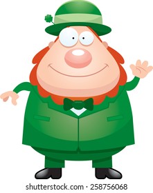 A cartoon illustration of a leprechaun waving.